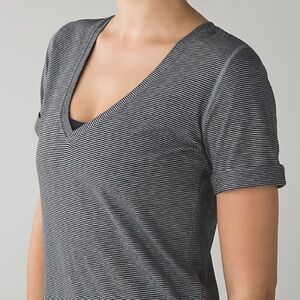 lululemon athletica Black and White Striped Short Sleeve V-Neck Tee
